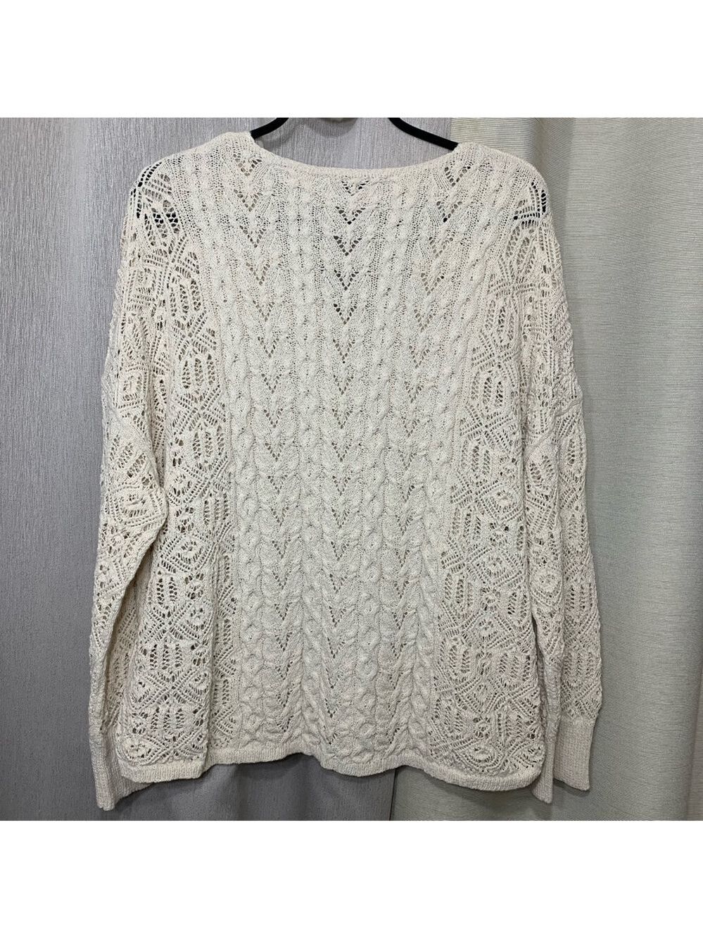 Zara Beige Crochet Cable Knit Sweater Sz S Oversized V Neck Long Sleeve Pullover - Picture 11 of 14